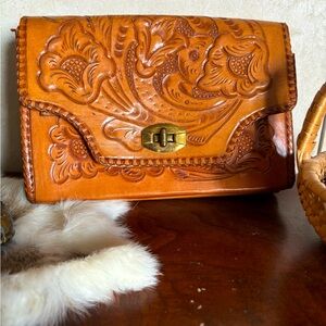 Vintage reversible hand tooled leather clutch